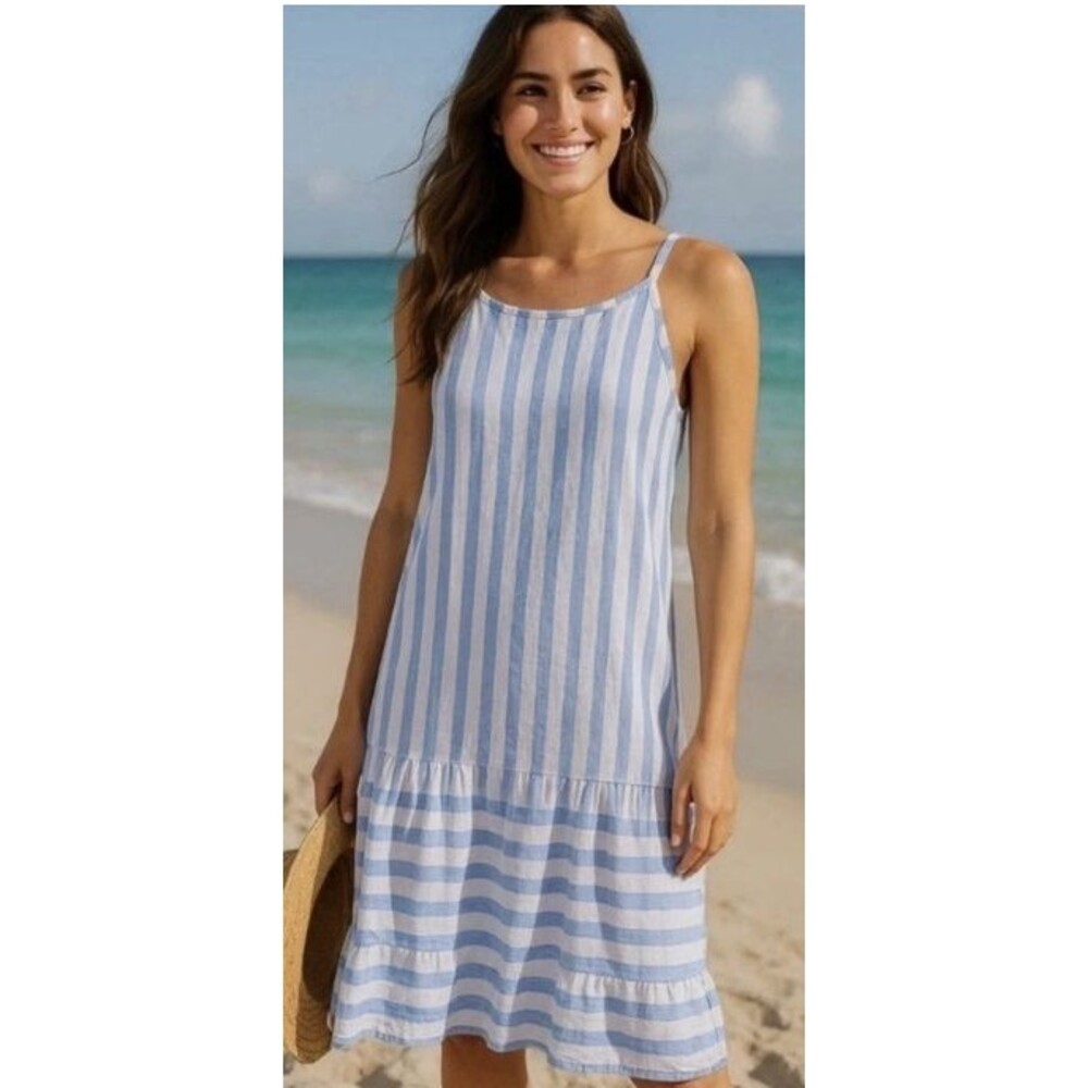 Lungo L’Arno Dress Large 100% Linen Blue White Striped Italy Nautical Tiered